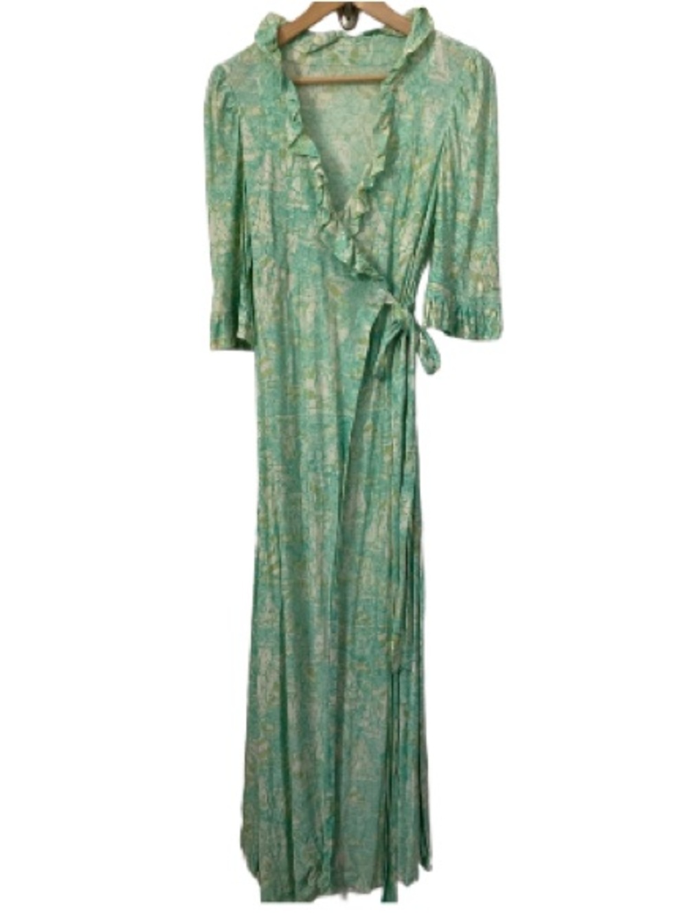 Vintage 70s Green Print Wrap Maxi Dress Robe Ruffle Trim